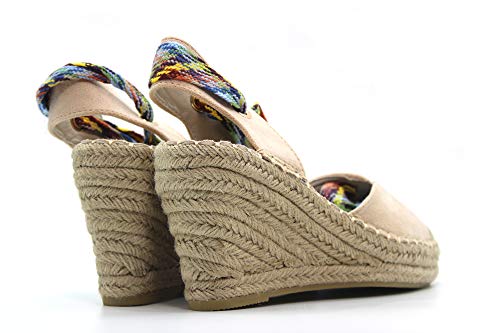 Niko Amore - 19070- Sandalia con cuña de esparto, sujección y cierre al tobillo de cordones, suela de goma, para: Mujer color: BEIG talla:38