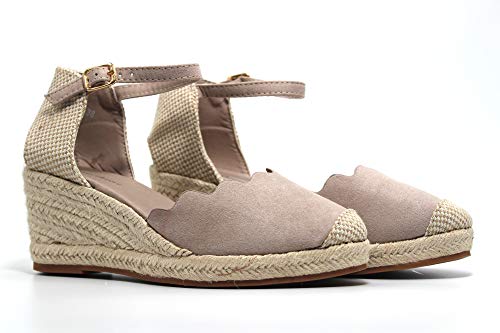 Niko Amore - Sandalia con cuña de esparto, sujección y cierre al tobillo, suela de goma, para: Mujer color: BEIG talla:39