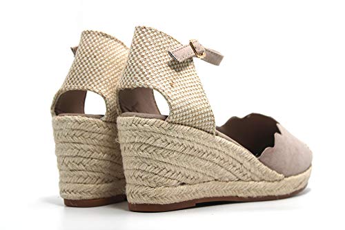Niko Amore - Sandalia con cuña de esparto, sujección y cierre al tobillo, suela de goma, para: Mujer color: BEIG talla:39