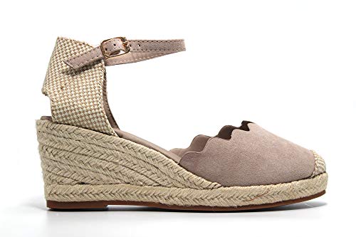 Niko Amore - Sandalia con cuña de esparto, sujección y cierre al tobillo, suela de goma, para: Mujer color: BEIG talla:39