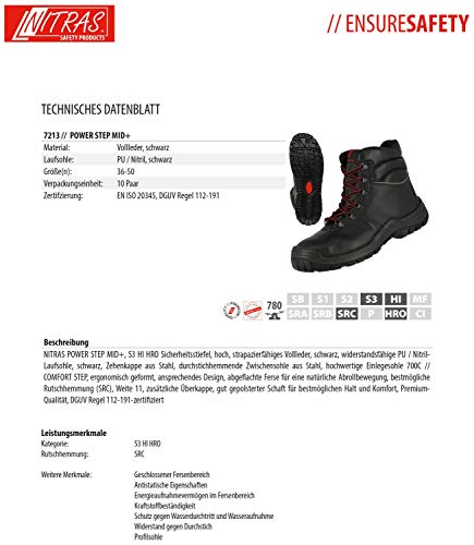 Nitras Pro Step 7213 S3 - Botas de trabajo con puntera de acero para hombre y mujer, color Negro, talla 50 EU
