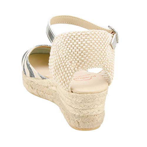 No es lo Mismo - Sandalias o Alpargatas De Yute con Cuña Mujer | Plataforma Esparto con Hebilla Punta Cerrada | Rayas Plateadas Talla 35 Al 41 Clasica Calzado para Todo El Año