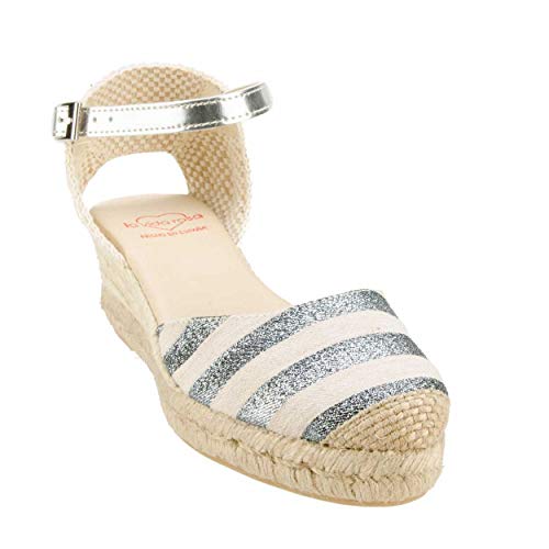 No es lo Mismo - Sandalias o Alpargatas De Yute con Cuña Mujer | Plataforma Esparto con Hebilla Punta Cerrada | Rayas Plateadas Talla 35 Al 41 Clasica Calzado para Todo El Año