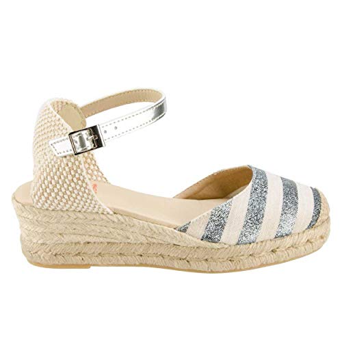 No es lo Mismo - Sandalias o Alpargatas De Yute con Cuña Mujer | Plataforma Esparto con Hebilla Punta Cerrada | Rayas Plateadas Talla 35 Al 41 Clasica Calzado para Todo El Año