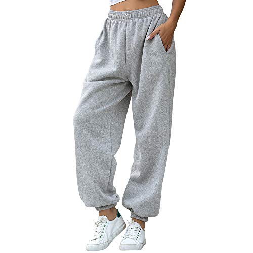 Nuofengkudu Mujer Harem Térmicos Jogging Pantalones Forro Polar con Bolsillos Elastica Cintura Alta Comodo Llanura Largos Pantalón Deportiva Jogger Pants Sweatpants Casual Ropa de Casa(Lana-Gris,2XL)