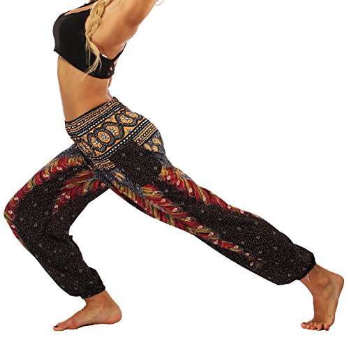 Nuofengkudu Mujer Pantalones Hippies Tailandeses Estampado Verano Cintura Alta Elastica con Bolsillos para Yoga Casual Negro Pavo