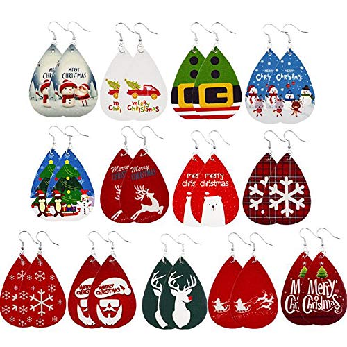 Nye 13 Pares de Pendientes navideños, Pendientes Ligeros con Forma de lágrima, Cuero Artificial, árbol de Navidad/Sombrero/Alce/Zapatos, Regalos para niñas/niñas, Color