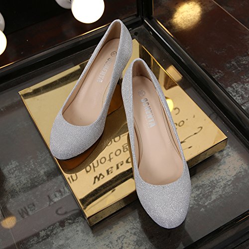 OCHENTA Mujer Cabeza Redonda Gatito talón Vestido Bombas de Trabajo Silver Glitter Tamaño Asiático 42-EU 40.5
