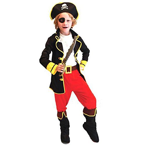 Odziezet Disfraz Capitán Pirata Niño Niña Trajes 6PCS Chaqueta+Pantalón Botas+Chaleco+Gorro+Parche de Ojo+Cinturón Halloween Carnaval Fiesta 4-12Años