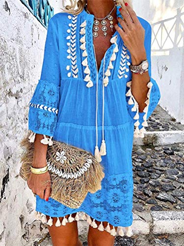 Onsoyours Vestido Casual Manga 3/4 De Encaje Boho Playa para Mujeres Verano Suelto Borla V Cuello SóLido Talla Grande Blusa A Lago Azul 6