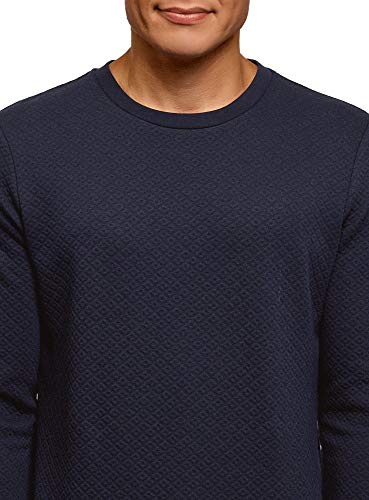 oodji Ultra Hombre Suéter de Punto Texturizado con Cuello Redondo, Azul, ES 58-60 / XXL