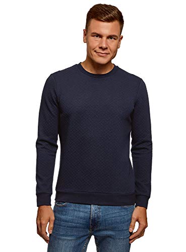 oodji Ultra Hombre Suéter de Punto Texturizado con Cuello Redondo, Azul, ES 58-60 / XXL