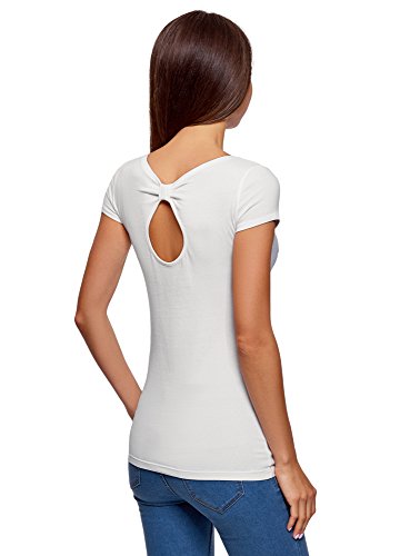 oodji Ultra Mujer Camiseta con Escote en Forma de Gota en la Espalda, Blanco, ES 38 / S
