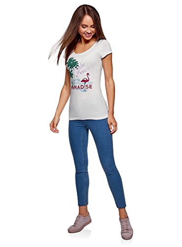 oodji Ultra Mujer Camiseta con Escote en Forma de Gota en la Espalda, Blanco, ES 38 / S