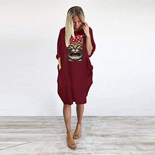 OPAKY Camiseta Mujer Verano Moda Oreja de Gato Impresión Manga Larga Tallas Grandes Camiseta con Capucha Blusa Camisa Basica Camiseta Suelto Estampado Tops Casual Fiesta T-Shirt Mini Vestido Corto