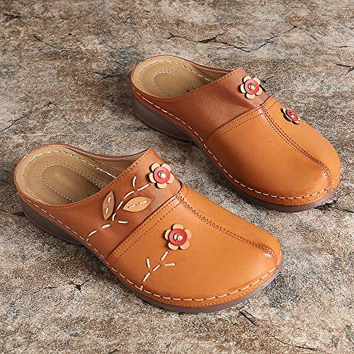 OshoeQ Zuecos para Mujer Cuero Verano Loafer Tacón Bajo Mules Planos Zapatos Zapatillas de Playa Antideslizantes Zapatillas de Jardín,Marrón,36