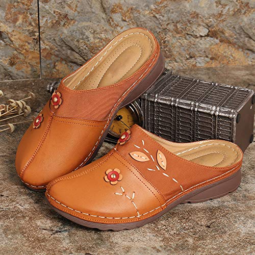 OshoeQ Zuecos para Mujer Cuero Verano Loafer Tacón Bajo Mules Planos Zapatos Zapatillas de Playa Antideslizantes Zapatillas de Jardín,Marrón,36