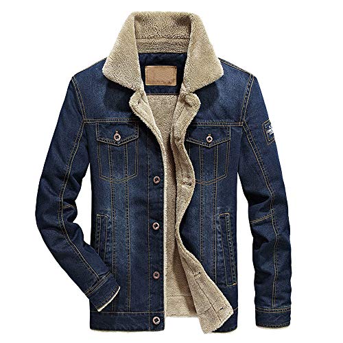 Overdose Chaqueta Vaquera De Los Hombres OtoñO Invierno BotóN De Bolsillo Solapa Chaqueta Vaquera con Capucha Top Abrigo Grueso Ropa De Abrigo (Small, Azul Oscuro)