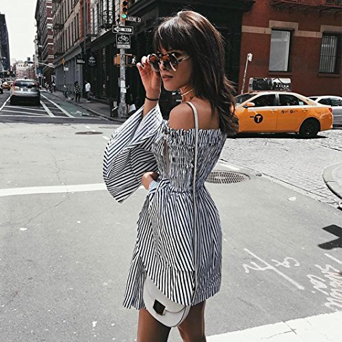 Overdose Vestido De Manga Larga Las Mujeres del Partido Ocasional La Raya Hombro SeñOras Slash Cuello Bohemio Flojo (M, Negro)