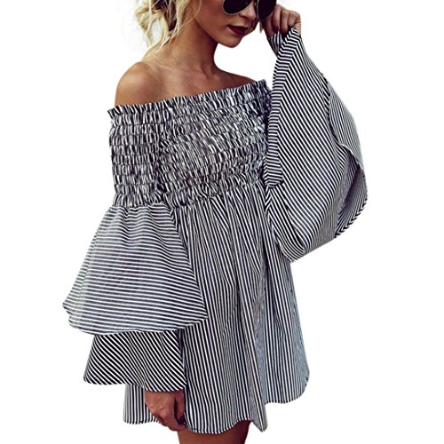 Overdose Vestido De Manga Larga Las Mujeres del Partido Ocasional La Raya Hombro SeñOras Slash Cuello Bohemio Flojo (M, Negro)