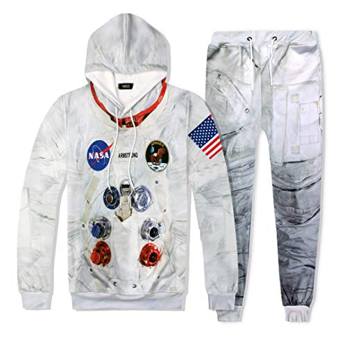 Pandodut Casual Hombres chándal de 2 Pedazos Traje 3D Espacio de impresión Astronauta Divertido Sudaderas con Capucha y Pantalones Sets XL