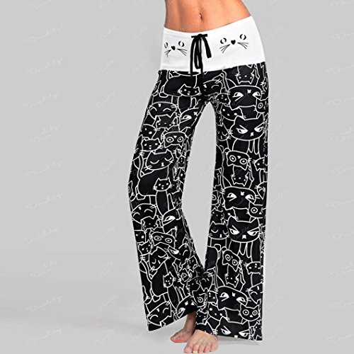 PAOLIAN Pantalones Yoga Anchos de Mujer Verano 2018 Casual Palazzo Pantalones Baggy Estampado Gato Fiesta Cintura Alta Pantalones Acampanados señora Deportivos Pantalones Pata De Elefante (M, Negro)