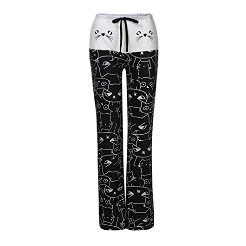 PAOLIAN Pantalones Yoga Anchos de Mujer Verano 2018 Casual Palazzo Pantalones Baggy Estampado Gato Fiesta Cintura Alta Pantalones Acampanados señora Deportivos Pantalones Pata De Elefante (M, Negro)