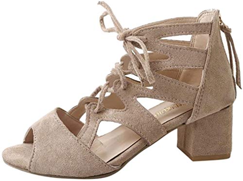 PAOLIAN Sandalias de Vestir de Mujer Verano Sandalias Romano Cruz de Cordones Zapatos de tacón de Boca de Pescado para Mujer Hueco Terciopelo Calzado de tacón Plataforma Fiesta Moda 2018 (41, Beige)