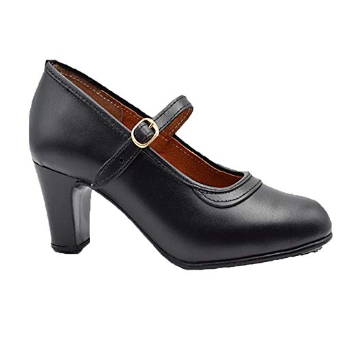 PASARELA - Zapatos Flamenca Hebilla Negro Mujer Niña Cuero Mujer Color: Negro Talla: 40