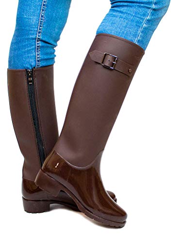 PAYMA - Botas de Agua de Mujer Impermeables. Acabado Brillo y Mate con Hebilla Lateral de Adorno y Cierre de Cremallera. Negro y Marrón
