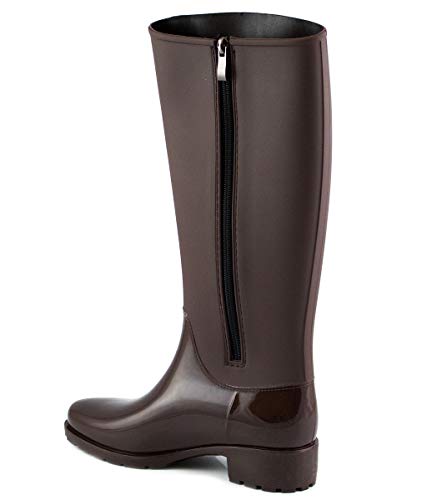 PAYMA - Botas de Agua de Mujer Impermeables. Acabado Brillo y Mate con Hebilla Lateral de Adorno y Cierre de Cremallera. Negro y Marrón