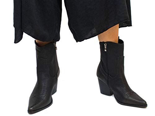 PAYMA - BotÍn Bota Cowboy Baja de Mujer. Bota Vaquera Western. Cierre Cremallera Lateral. Negro, Marrón