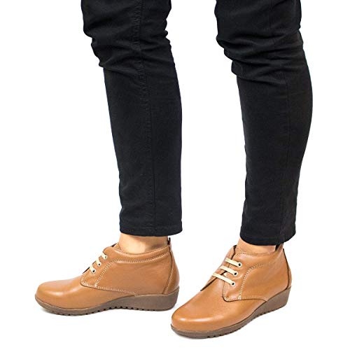 PAYMA - Botines de Piel Cómodos Flexibles de Mujer. Botin Casual de Cuña Baja. Botas de Cuero de Invierno. Cierre Cordones o Velcro. Piso de Goma. Negro, Marron, Rojo, Azul y Velcro