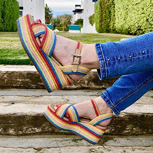 PAYMA - Sandalias Cuñas de Esparto Yute de Mujer. Esparteras. Planta Interior Acolchada. con o Sin Plataforma. Punta Abierta o Cerrada. Cierre Hebilla de Tobillo. Beige, Arcoiris, Oro y Plata
