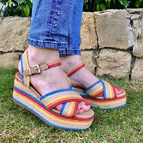 PAYMA - Sandalias Cuñas de Esparto Yute de Mujer. Esparteras. Planta Interior Acolchada. con o Sin Plataforma. Punta Abierta o Cerrada. Cierre Hebilla de Tobillo. Beige, Arcoiris, Oro y Plata