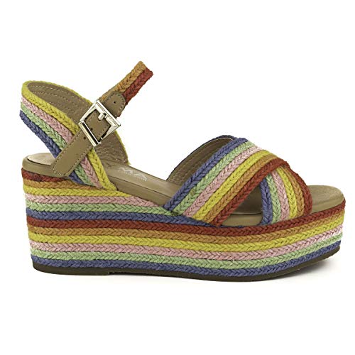 PAYMA - Sandalias Cuñas de Esparto Yute de Mujer. Esparteras. Planta Interior Acolchada. con o Sin Plataforma. Punta Abierta o Cerrada. Cierre Hebilla de Tobillo. Beige, Arcoiris, Oro y Plata