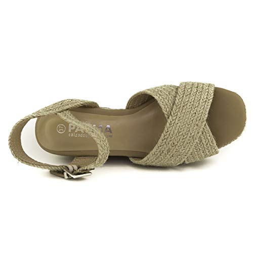 PAYMA - Sandalias Cuñas de Esparto Yute de Mujer. Esparteras. Planta Interior Acolchada. con o Sin Plataforma. Punta Abierta o Cerrada. Cierre Hebilla de Tobillo. Beige, Arcoiris, Oro y Plata