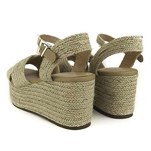 PAYMA - Sandalias Cuñas de Esparto Yute de Mujer. Esparteras. Planta Interior Acolchada. con o Sin Plataforma. Punta Abierta o Cerrada. Cierre Hebilla de Tobillo. Beige, Arcoiris, Oro y Plata