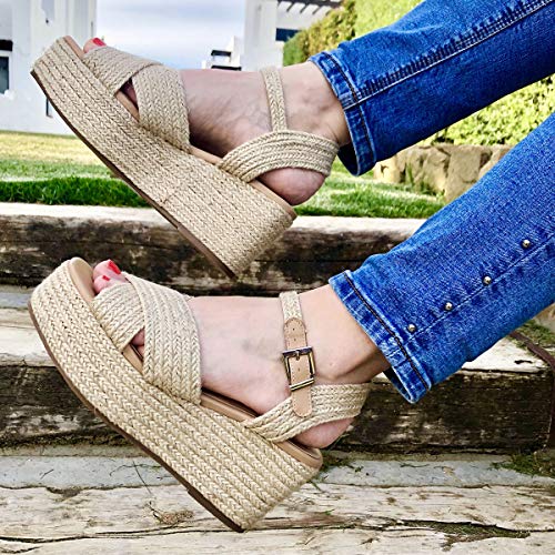 PAYMA - Sandalias Cuñas de Esparto Yute de Mujer. Esparteras. Planta Interior Acolchada. con o Sin Plataforma. Punta Abierta o Cerrada. Cierre Hebilla de Tobillo. Beige, Arcoiris, Oro y Plata
