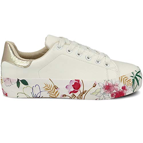 PAYMA - Zapatillas Bambas Deportivas Plataforma Mujer. Tenis Deporte, Casual y Caminar. Cierre Cordones. Interior Acolchado. Acabado Eco Print Floral, Blanco y Estrella.