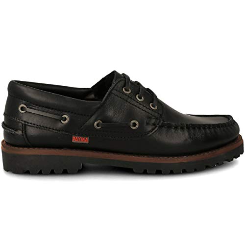 PAYMA - Zapatos Náuticos Sport Casual Hombre, Mujer, Niño. Clásicos 3-Ojales de Piel. Piso de Goma. Tallas Grandes 45 46 47. Cierre Cordones o Velcro. Color: Negro; Talla EU 40