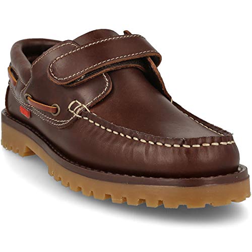 PAYMA - Zapatos Náuticos Sport Casual Hombre, Mujer, Niño. Clásicos 3-Ojales de Piel. Piso de Goma. Tallas Grandes 45 46 47. Cierre Cordones o Velcro. Color: Marrón Velcro; Talla EU 43