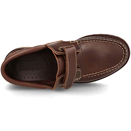 PAYMA - Zapatos Náuticos Sport Casual Hombre, Mujer, Niño. Clásicos 3-Ojales de Piel. Piso de Goma. Tallas Grandes 45 46 47. Cierre Cordones o Velcro. Color: Marrón Velcro; Talla EU 43
