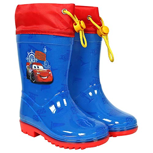 PERLETTI Botas de Agua Disney Pixar Cars - Botines Impermeables Lluvia Rayo Mcqueen Niño - Suela Antideslizante y Cierre con Cordón - Azul y Rojo - PVC (Azul, 22/23 EU)