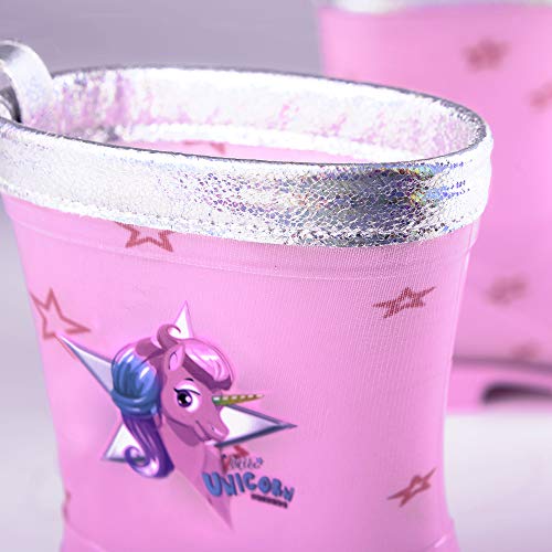 PERLETTI Botas de Agua para Niña Unicornio - Botines Impermeables de Moda Rosa con Estrellitas - Suela Antideslizante y Borde Plateado Iridiscente - Cool Kids (Rosa, 26)