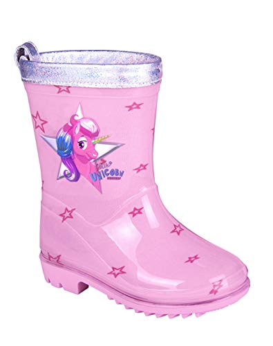 PERLETTI Botas de Agua para Niña Unicornio - Botines Impermeables de Moda Rosa con Estrellitas - Suela Antideslizante y Borde Plateado Iridiscente - Cool Kids (Rosa, 26)