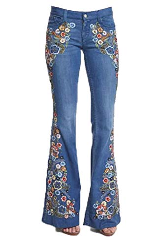Petitdelphine Pantalones De Mezclilla para Mujer Pantalones Vaqueros De Campana Ajustados De Cintura Alta con Corte De Bota Bordado Informal Azul L