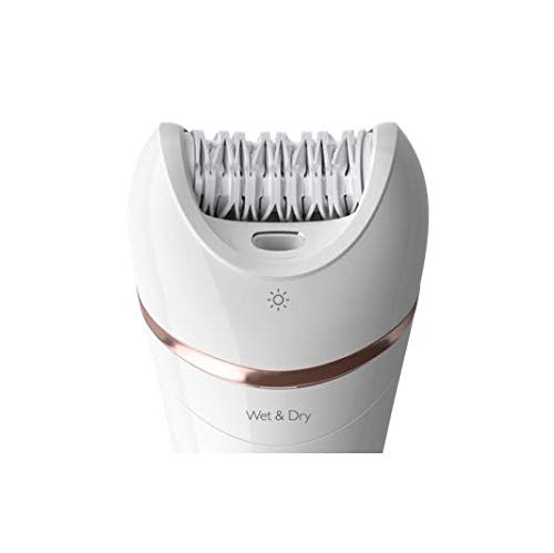 Philips Serie 8000 BRE715/00 Depiladora eléctrica, discos cerámicos, cabezal para atrapar más vello en una sola pasada, luz Opti-light,uso en seco y húmedo,6 accesorios para piernas y cuerpo