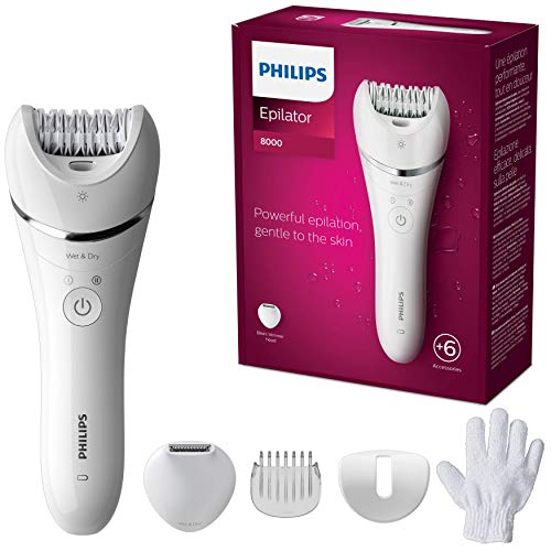 Philips Serie 8000 BRE715/00 Depiladora eléctrica, discos cerámicos, cabezal para atrapar más vello en una sola pasada, luz Opti-light,uso en seco y húmedo,6 accesorios para piernas y cuerpo