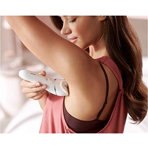Philips Serie 8000 BRE715/00 Depiladora eléctrica, discos cerámicos, cabezal para atrapar más vello en una sola pasada, luz Opti-light,uso en seco y húmedo,6 accesorios para piernas y cuerpo